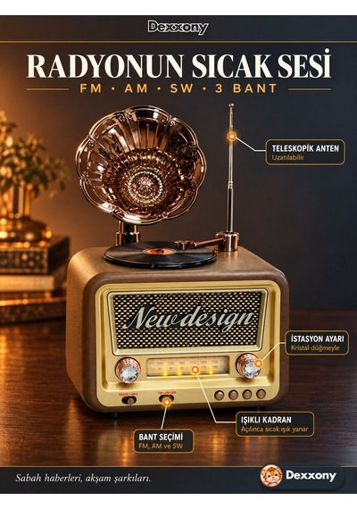 Dexxony Dx-2527 Kahve Nostaljik Radyo Gramofon Görünümlü Büyük Boy Şarjlı Bluetooth Hoparlör Fm Usb