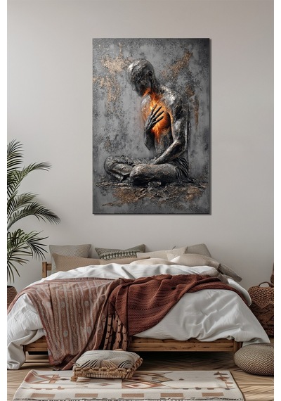 Yanan Kalp Meditasyon Baskılı Cam Tablo İçsel Güç Ve Enerji Temalı Duvar Dekoru