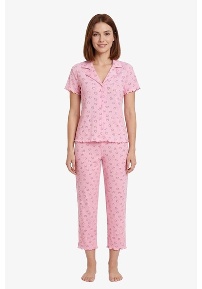 Cottonhill Pudra Kalp Desenli Pointel Gömlek Yaka Kadın Pijama Takımı