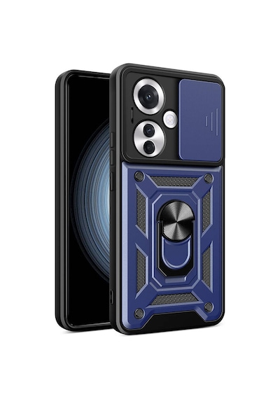 Oppo Reno 11f 5g Kılıf Sürgülü Kamera Koruyucu Manyetik Standlı Tank Koruma Celikaksesuar Mavi