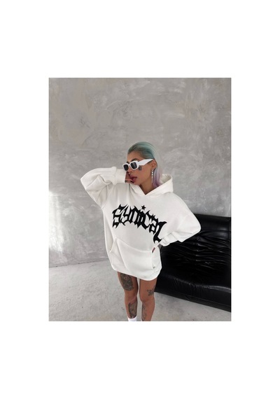 Butik İstanbul Unisex Üç İplik Kapşonlu Baskılı Sweatshirt - Beyaz