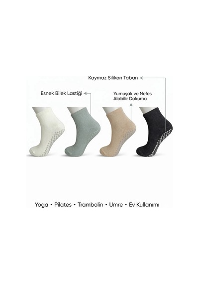 Çorap Giyim Kaymaz Tabanlı Yoga Pilates 4 Lü Çorap, Silikon Tabanlı Esnek Bilekli Nefes Alan Ev Ve Spor Çorabı Çok Renkli