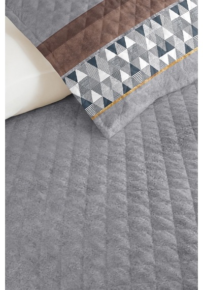 Gri Geometrik Genç Odası Tek Kişilik Pike Takımı - Mavi Kahverengi 160x220 Cm Kapitone Yatak Örtüsü Masalsı Çiçek Havası