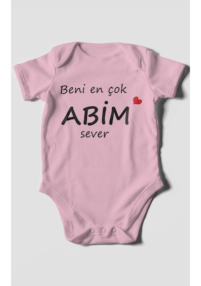 Beni En Çok Abim Sever Baskılı Bebek Zıbını Çıtçıtlı Body %100 Pamuk Kısa Kol Koyu Pembe