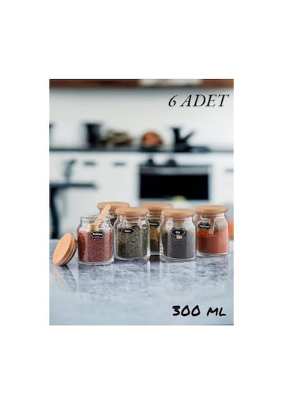 6 Adet Vakumlu Kapaklı Lux Bambu Kapaklı Cam Baharatlık Kaşık Ve Etiket Hediyeli Diğer