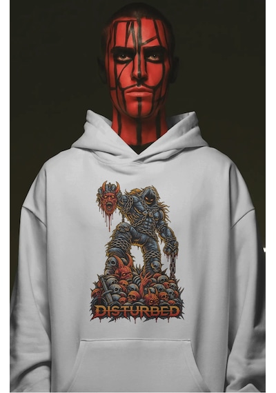 Sevbano Disturbed Rock Metal Müzik Grubu Ön Baskılı Unisex Oversize Premi beyaz