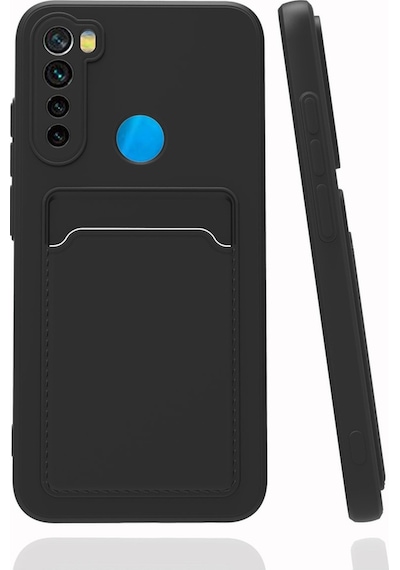 Fibaks Redmi Note 8 Uyumlu Kılıf Kamera Korumalı Kartlıklı Cüzdanlı Kırmızı Tuşlu Siyah Silikon Kapak