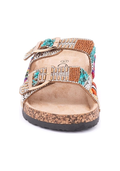 Guja 25y102-2 Kadın Mantar Taban Taşlı Çift Tokalı Comfort Terlik Camel Fuşya
