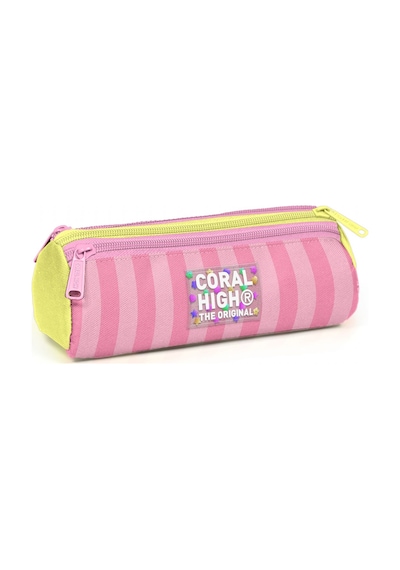 Coral High Kız Çocuk Sarı Pembe Çizgi Desenli Üç Gözlü Okul Kalem Çantası 31023 Sarı - Pembe