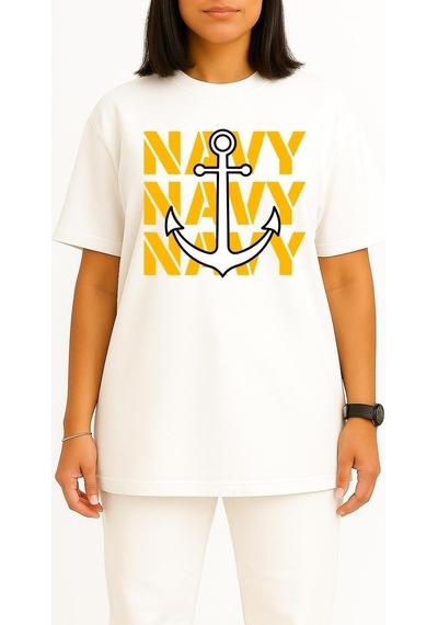 Bahriyeli Collection Oversize Trio Navy Anchor Göğüs Ve Sırt Baskılı Unisex T-shirt Beyaz