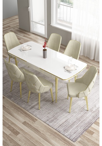 Canisa Tia Serisi 80x132 Açılabilir Mdf Mutfak Masası Takımı Beyaz Masa Gold Detay 6 Krem Sandalye Masa Beyaz Sandalye Krem Canisa Tia Serisi 80x132 Açılabilir Mdf Mutfak Masası Takımı Beyaz Masa Gold Detay 6 Krem Sandalye Masa Beyaz Sandalye Krem