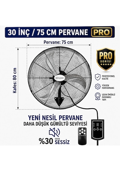 Muzeko Mzk750pro Plus 30 Inç Sanayi Tipi Kumandalı Duvar Tipi Vantilatör 210w 80cm %100 Bakır Motor Ev İçin Uygun Değildir