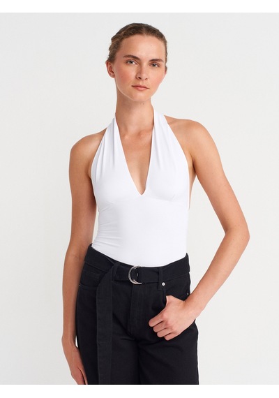 Dilvin 31968 Büzgülü Halter Yaka Top-beyaz Beyaz