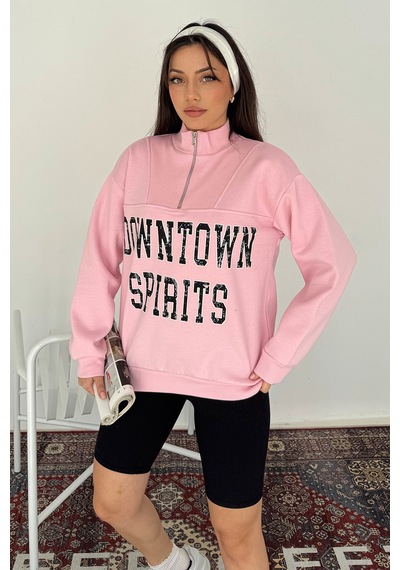 Noa & Noa Kadın Fermuarlı Baskılı Sweatshirt Downtown Energy Pembe
