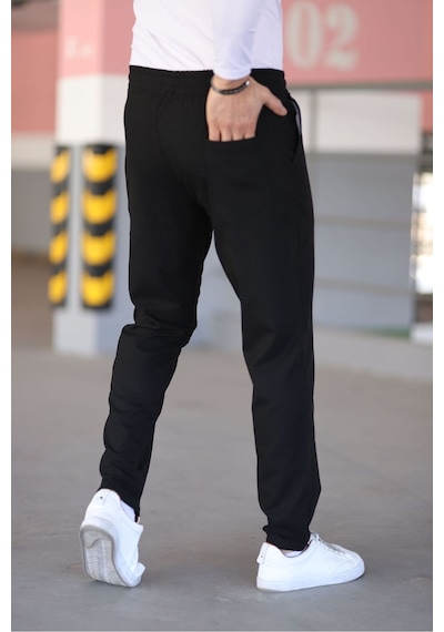 Bürke Erkek Siyah Renk Beli Lastikli Bağcıklı Esnek Fitted Jogger Pantolon Kumaş Pantolon