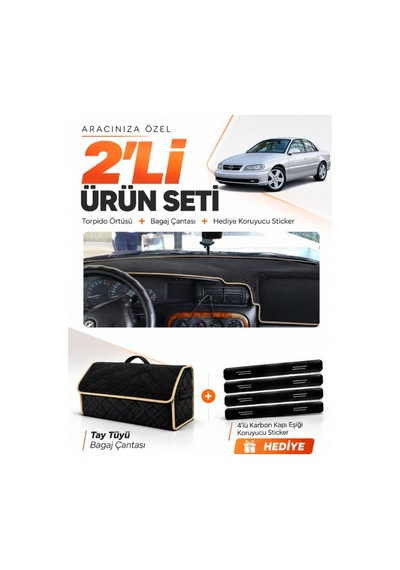 Opel Omega 1993-2003 Uyumlu Torpido Örtüsü + Tay Tüyü Bagaj Çantası + Sticker Seti - Siyah Bej