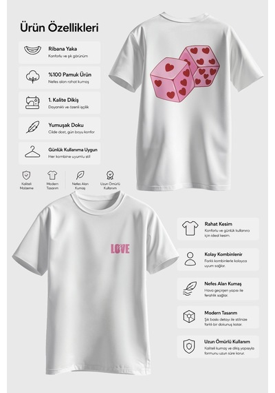 Spoyi Aşk Zarları Tasarımlı %100 Pamuk Yarım Oversize Beyaz T-shirt