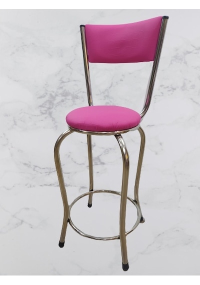 Sandalye BAR Tipi Yüksek Model  PEMBE FUŞYA 1 adet Metal Çelik nikelaj Suni deri döşeme El Yapım Pembe