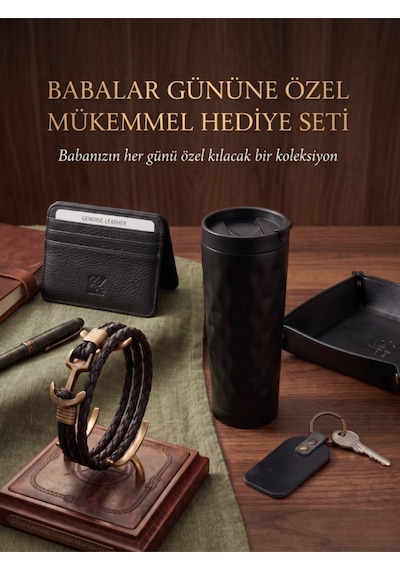 Deerderi Aten Hakiki Deri El İşçiliği Kartlık Bileklik, Anahtarlık Ve Termos Kupa Seti Babalar Günü Hediyesi Siyah