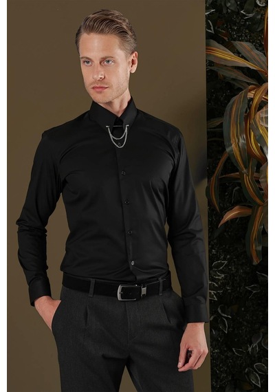 Efor Gk 704 Slim Fit Siyah Klasik Gömlek Siyah