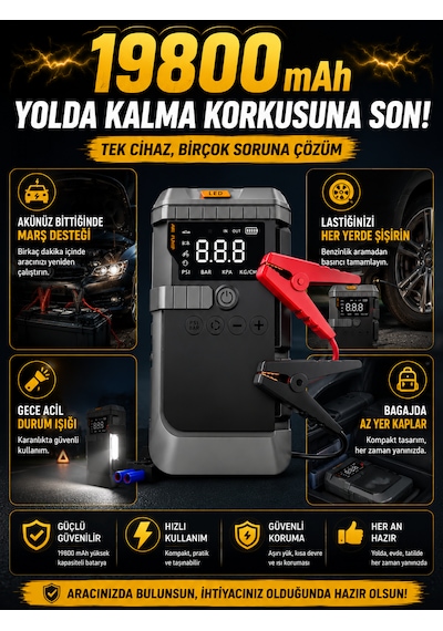 19800 Mah Akü Takviye Ve Dijital Hava Kompresörü 4 Ü 1 Arada Araç Acil Yardım Cihazı