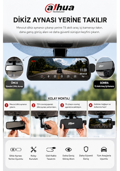Dhı-t5 Dikiz Aynalı Araç İçi Kamera 4k Çözünürlük + Ön Ve Arka Kamera + Gps + Park Sensörü + Dokunmatik Ekran + App Kontrol