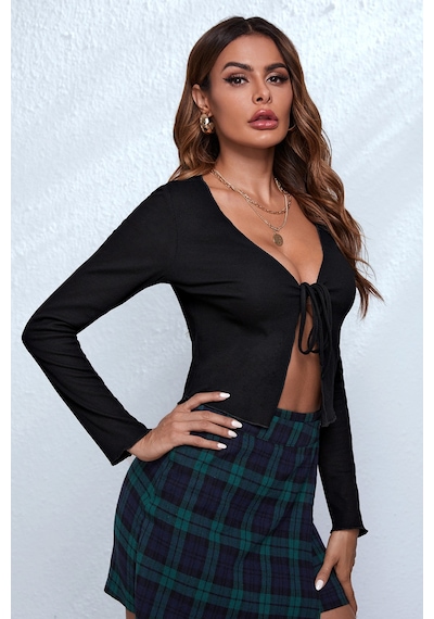 Fantezia Night Kadın Beyaz Uzun Kollu Önden Bağlama Detaylı Crop Top Bluz siyah
