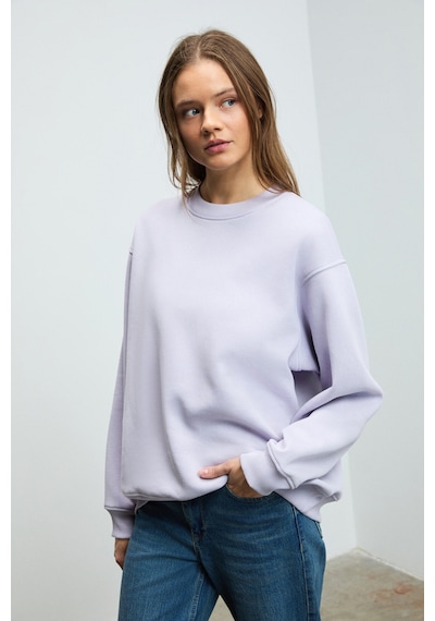 Grımelange KARIUS Kadın Organik Pamuklu İçi Polarlı Oversize Yuvarlak Yakalı Lila Sweatshirt