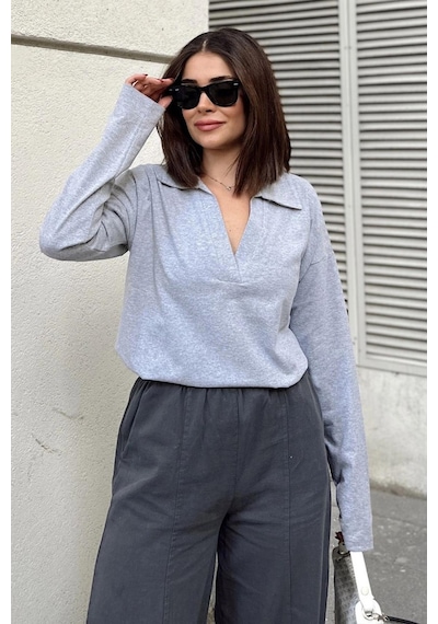 WeShaya Kadın Gri Polo Yaka Basic Bluz, Uzun Kol, Regular Kesim, Günlük Ve Spor Kaliteli Kumaş Sweatshirt Gri