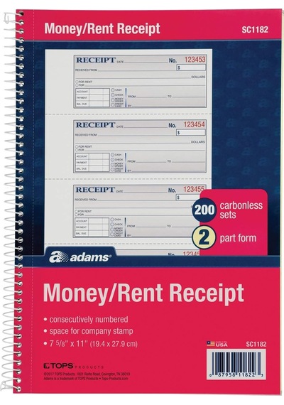 "money/rent Receipt Bk, Spiral, 2-parça, 7 5/8" X11,200/bk, Sold As 1 Her Biri