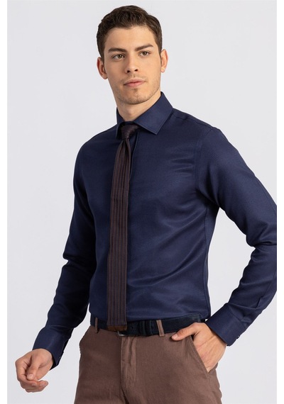 Tudors Slim Fit Dar Kesim Armürlü Erkek Gömlek-16199 Lacivert