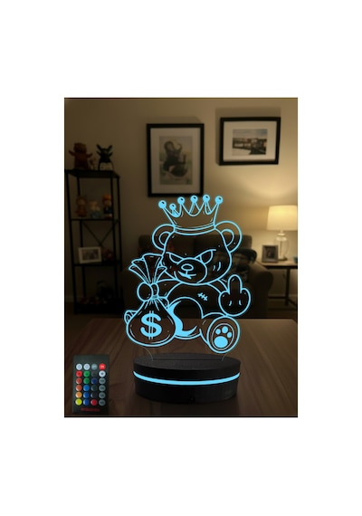 Asi Kral Ayıcık 3d Led Gece Lambası Rgb Kumandalı Para Çantalı Dekoratif Masa Lambası Çok Renkli