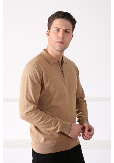 Ferraro Camel Polo Yaka Fermuarlı Erkek Pamuk Kazak Camel