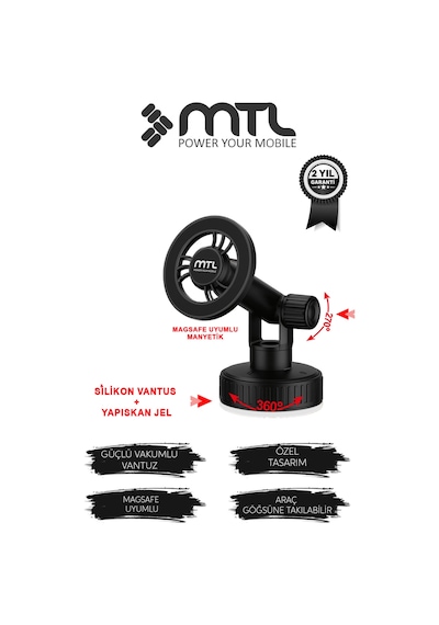 Güçlü Manyetik Araç İçi Telefon Tutucu 360 Döner Başlık Ekstra Güçlü Mıknatıs Magsafe Uyumlu Mt6087 Siyah
