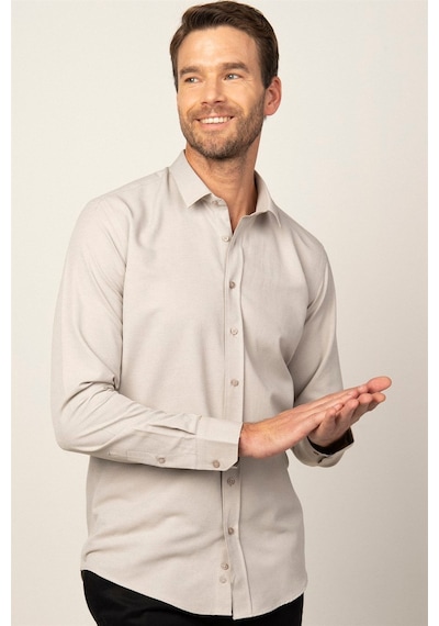 Tudors Modern Slim Fit Pamuklu Kolay Ütü Armürlü Erkek Gömlek-26467 Bej