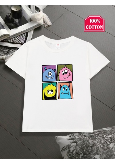 Uyguntarz Çocuk Canavarlar Baskılı Tasarım Tshirt Beyaz