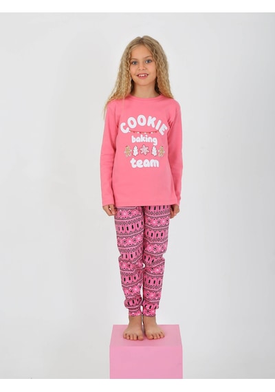 Kız Çocuk Uzun Kollu %100 Pamuklu Pijama Takımı Cookie Team Pembe
