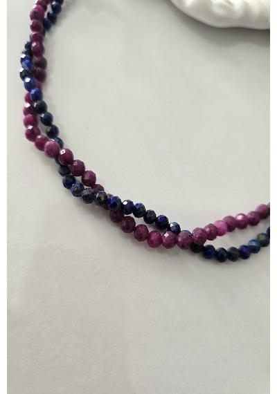 Sertifikalı 3 Mm Yakut, 3 Mm Lapis Lazuli Doğaltaş Kolye Lacivert - Kırmızı