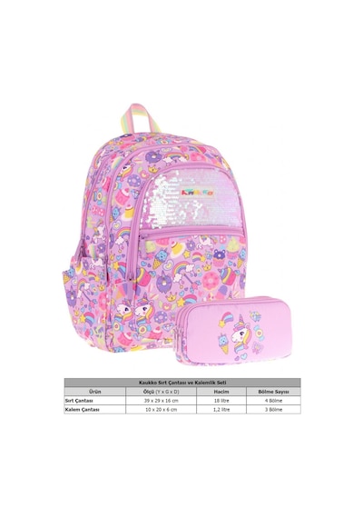 Kaukko Kids Kız Çocuk Okul Çantası Ve Üç Bölmeli Kalemlik Seti Lila - Pullu Sweet - L5215+l8215 Lila