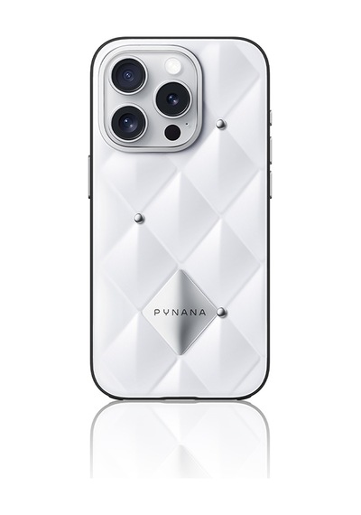 Apple Uyumlu iPhone 16 Pro Kılıf Parlak Arka Yüzeyli Kabartma Kapitone Pynana Metal Diamond Serisi Kapak Beyaz
