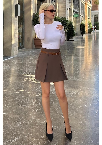 Madmext Kahverengi Pileli Kemerli Şortlu Kadın Etek Mg2247