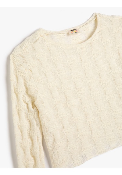 Koton Crop Sweatshirt Dokulu Uzun Kollu Bisiklet Yaka Ekru 4wkg10679ak Ekru