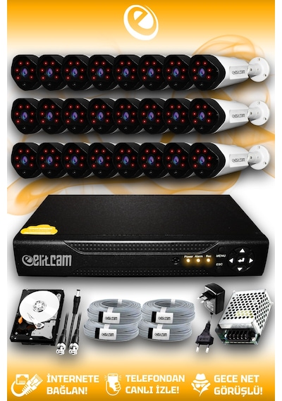 Elitcam 24 Kameralı Uzay 24 Dış Kamera Set 2 TB HDD Full HD Gece Görüşlü Güvenlik Kamerası Sistemi