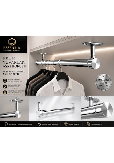 Krom Yuvarlak Askı Borusu Seti 65 Cm Paslanmaz Metal Dolap İçi Elbise Askılık Sistemi Çoklu Renk