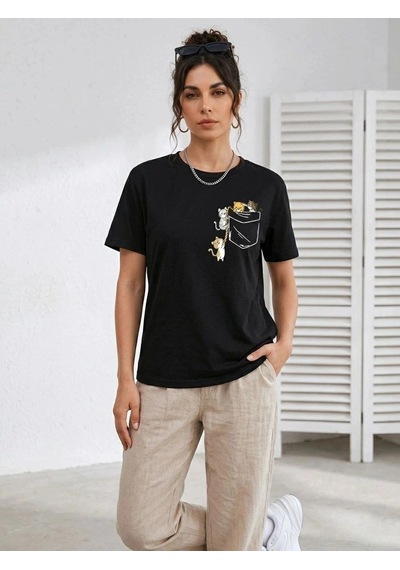 Freedom Storee Kadın Sevimli Kedi Cep Baskılı Tişört Kısa Kol Yazlık T-shirt - Siyah Çok Renkli