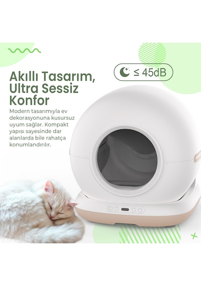 Haustier Cb002 Bej Kameralı Akıllı Otomatik Kedi Tuvaleti, App İle Uzaktan Kontrol, 72lt Hazne, 7lt Çöp Haznesi