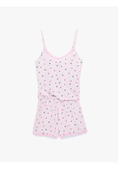 Koton Dantel Detaylı V Yaka Askılı Şortlu 2'li Pijama Takımı Pembe Ekose 6slk40168mk