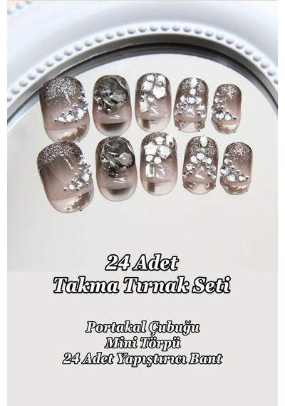 Kısa Takma Tırnak 24 Adet Ombre Siyah Taşlı Takma Tırnak Seti Z1008 Siyah Ombre
