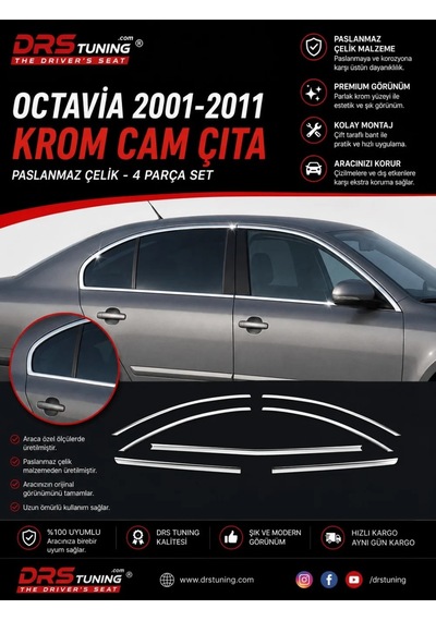 Skoda Octavia 2001 - 2011 Krom Cam Çerçevesi 4 Parça