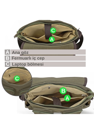 Cappadocia Vintage 4017 Haki 14" Laptop Kanvas Postacı Okul Çantası Unisex Kilitli Çok Cepli Omuz Askılı Haki